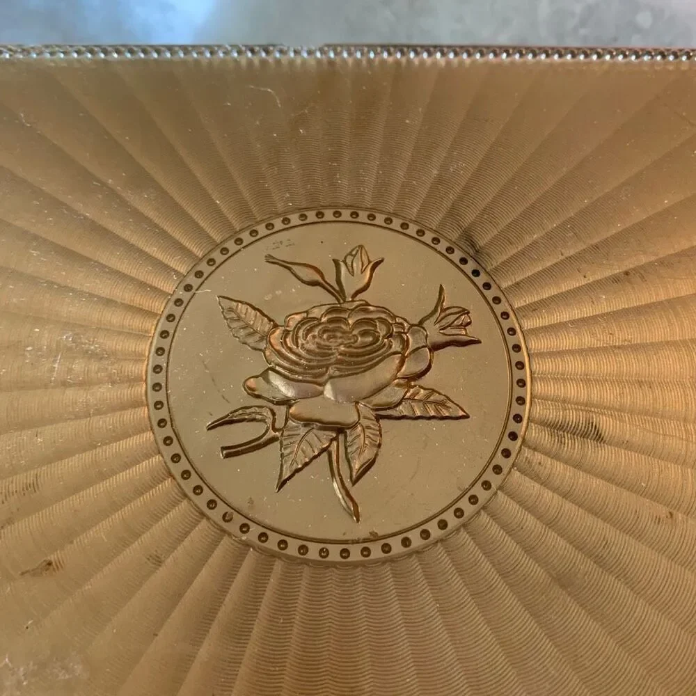 Vintage Gold Colored Plastic Box With Embossed Rose On Top